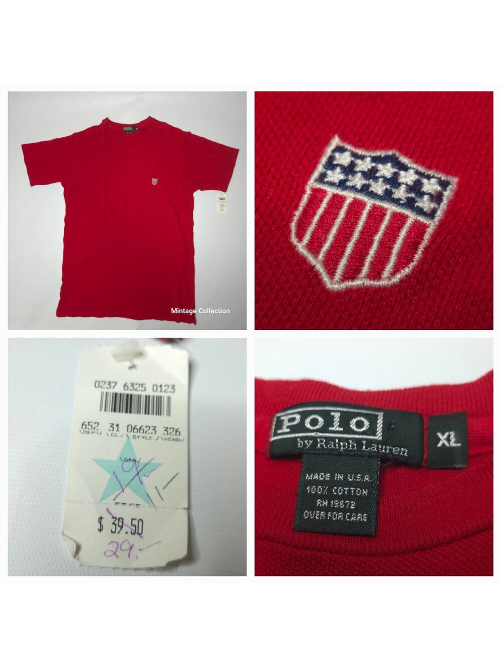 NEW VINTAGE POLO RALPH LAUREN RED PIQUE CREWNECK POCKET SHIRT USA FLAG SHIELD XL